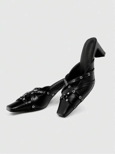 Grunge Punk Women Punk Square Toe Slip-On Mules, Closed Toe Flat Sandals, Black