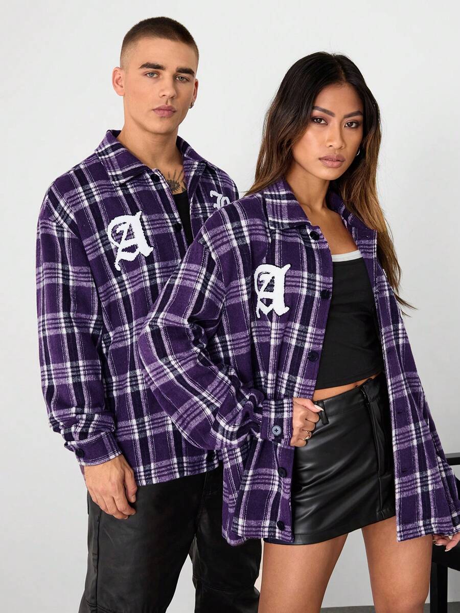 Mainfolk 男女通用拉绒格子刺绣宽松落肩翻领长袖短款夹克,适合秋冬 - 紫色 - 查看 1