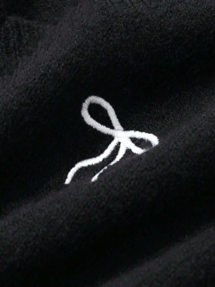 Women's V-Neck Contrast Stripe Bow Embroidery Pullover Black Sweater,Fall Clothes