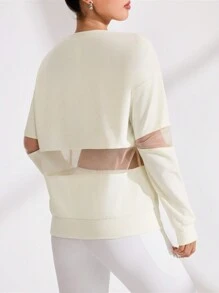 SHEIN Sports Casual Minimal Sheer Mesh Splice Sporty Sweatshirt - Beige - View 2