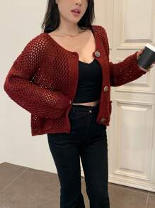 SHEIN MOD Damen einfarbiges Hemd mit Knopfleiste und Perforationen, langärmelig mit Taschen, minimalistischer Stil - Bordeaux - Übersicht 6