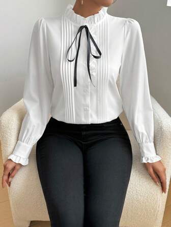 Rafferiza Women's Long Sleeve Pleated Ruffled Tie Neck Blouse, Elegant For Spring & Autumn Women Shirt Fall Cloth For Women