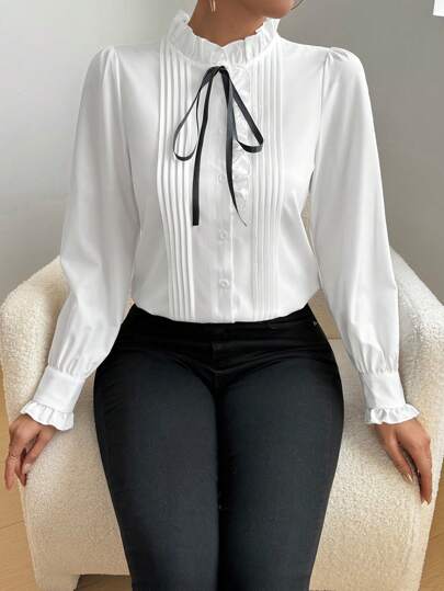 Rafferiza Women's Long Sleeve Pleated Ruffled Tie Neck Blouse, Elegant For Spring & Autumn Women Shirt Fall Cloth For Women