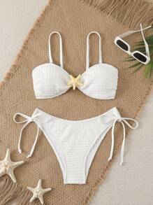 SHEIN Swim Conjunto de bikini con adorno de estrella de mar con unicolor y sin tirantes para mujer, ideal para playa y resort de verano - Blanco - Ver 1