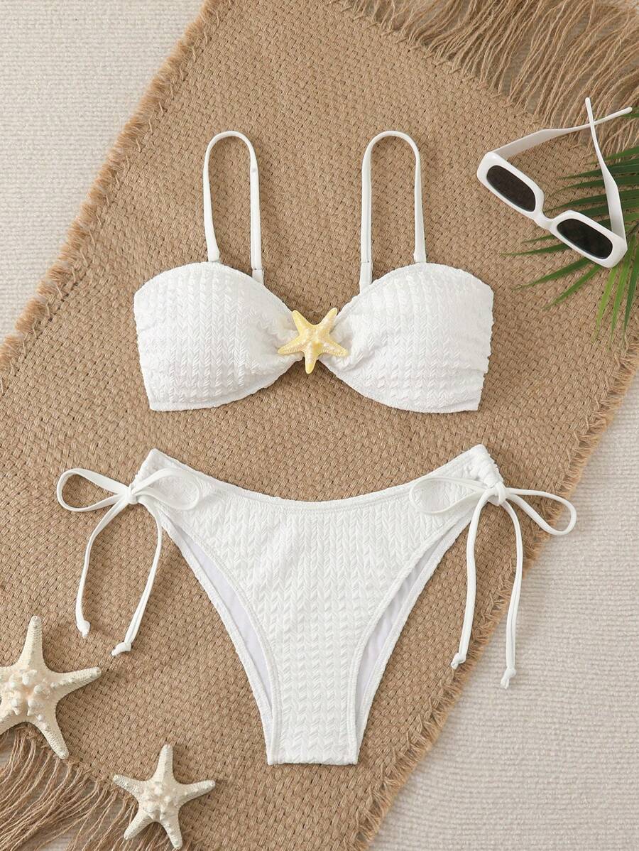SHEIN Swim Conjunto de bikini con adorno de estrella de mar con unicolor y sin tirantes para mujer, ideal para playa y resort de verano - Blanco - Ver 1