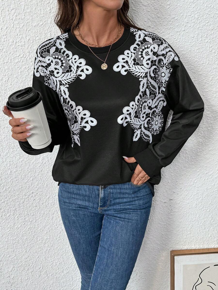 EMERY ROSE sweat-shirt minimaliste d'épaule à imprimé contrasté monochrome, automne - Noir et Blanc - Voir 1