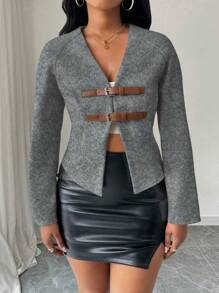 Zolique Chaqueta informal con botón en el hombro, para otoño/invierno - Gris - Ver 7