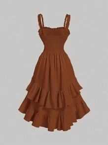 SHEIN MOD Plus Size Apricot Romantic Multilayer Vintage Palace Style Ruffle Trim Dress For Women Milkmaid Dress,Birthday Dresses For Women - Coffee Brown - View 2