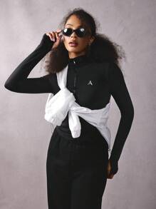 Athîral 女士前拉链长袖印花休闲夹克，日常穿着 - 黑色 - 查看 2