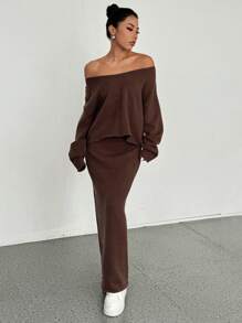 SHEIN MOOSTA Autumn/Winter Elegant Coffee Brown V-Neck Slimming Sweater And Knitted Skirt 2 Pieces Set Fall Cloth For Women - Coffee Brown - View 3