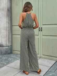 SHEIN Frenchy Tuta A Righe Geometriche Stampate, Con Collo A Halter E Pieghe In Vita Per Le Donne