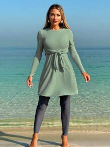 Swim Mulvari 全新朴素布基尼套装，2 件套长袖上衣和长裤泳装，遮盖身体，防紫外线，保守阿拉伯/东南亚女士泳装夏季阿拉伯服装 - 彩色 - 查看 5