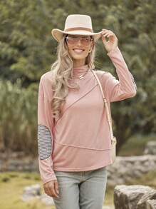 LanaWest 秋冬休闲半高领撞色袖格子宽松T恤 - 粉色 - 查看 1