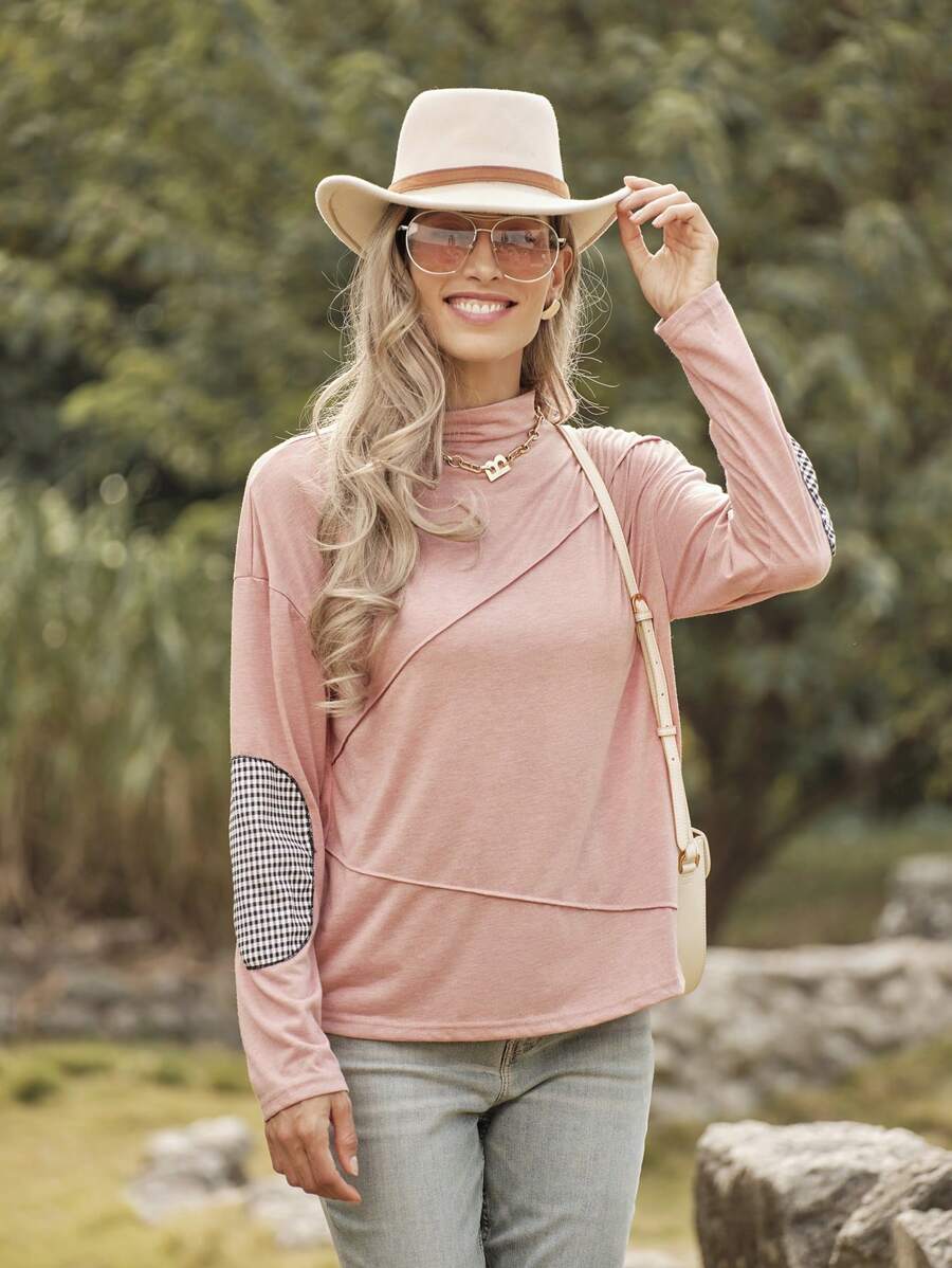 LanaWest 秋冬休闲半高领撞色袖格子宽松T恤 - 粉色 - 查看 1