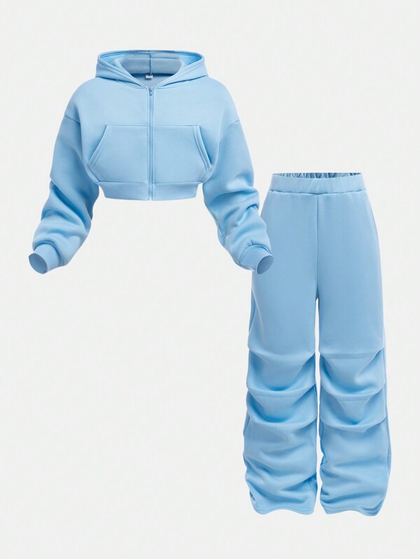 Tween Girls Casual Knit Hooded Short Sweatshirt & Loose Pants Set
