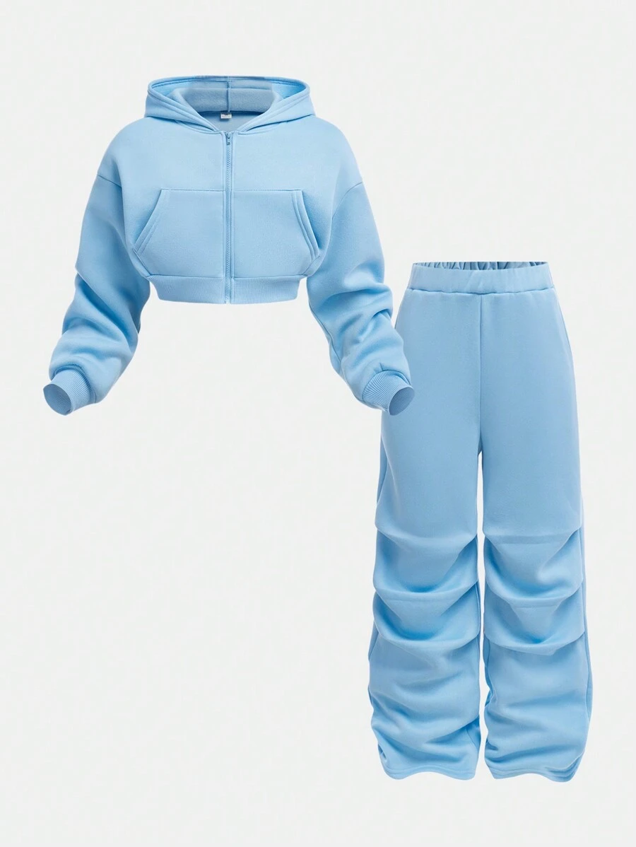 SHEIN Girlism Tween Girls Casual Knit Hooded Short Sweatshirt & Loose Pants Set - Baby Blue - View 1