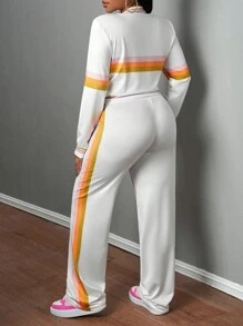 Slaydiva 女士秋冬条纹长袖拉链领棒球夹克和抽绳腰裤休闲套装 - 彩色 - 查看 2
