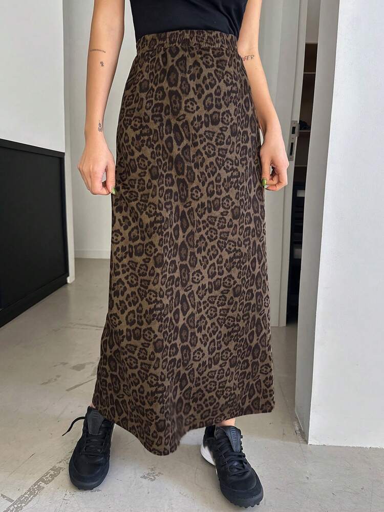 Women's Drawstring Elastic Waist Leopard Print Long Skirt Cheetah Print