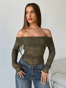 Aloruh Elegant Off Shoulder Lace Semi-Sheer Women T-Shirt - Army Green - View 1