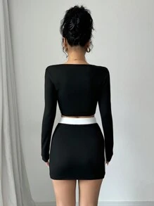 Gloray French Elegant Square Neck Contrast Color Crop Top & Mini Skirt 2 Pieces Set For Women Fall Cloth For Women - Black - View 2