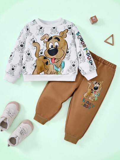 SCOOBY-DOO X SHEIN Baby Boy Cartoon Puppy & Letter Print White Casual Long Sleeve Sweatshirt & Brown Sweatpants 2 Pieces Outfit