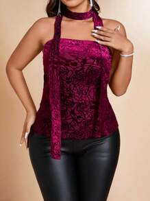 Allurite Plus Size Women's Dark Blue Summer Elegant Night Out Club Flocked Lace Floral Print Camisole Sleeveless Top With Decorative Scarf,Fashion Commuter - Burgundy - View 6