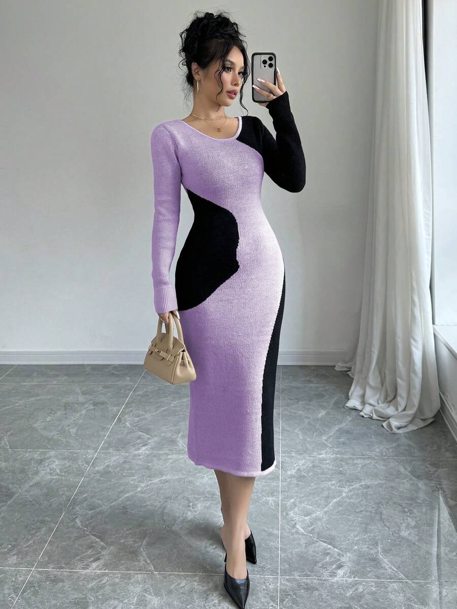 Elenzga 女士拼色毛衣裙，简约时尚，适合日常休闲穿着 - 淡紫色 - 查看 1