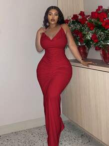 Slaydiva Plus Size Elegant Solid Color Backless Ruched Draped Neck Dress, Suitable For Valentine's Day, Date Night, Club, Prom