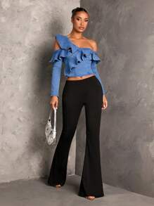 SHEIN BAE Áo cánh bèo nhún một bên vai bằng vải denim dành cho nữ, trang phục dự tiệc gợi cảm, áo denim tay dài, áo dài tay màu xanh, áo giáng sinh, trang phục sang trọng, áo giáng sinh dành cho nữ, áo trễ vai, áo mùa đông dành cho nữ - Rửa trung bình - Xem 4