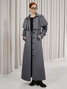 SHEIN Privé French Vintage Luxurious Collar Buttoned Front Long Trench Coat With Fabric Belt For Women, Formal Commuter Fashion Teacher Work Wear Fall Cloth For Women - Grey - View 2