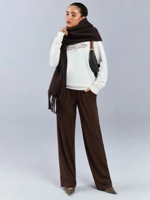 Athîral 女士休闲圆领长袖字母印花针织毛衣 - 白色 - 查看 2