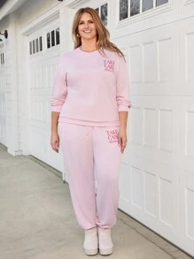 SHEIN LUNE Conjunto de 2 piezas de sudadera y pantalón de chándal con estampado de letras y cuello redondo para mujer talla grande, conjunto de atuendo de otoño/invierno y vacaciones