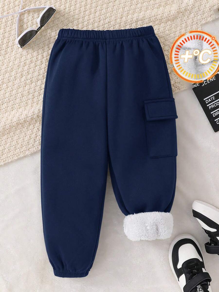 SHEIN 1 件年轻男孩加厚保暖内衬休闲运动裤，适合通勤、上学、日常休闲、学院风、学院风、基本款，适合儿童装、年轻男孩服装、返校、校服、幼儿园、生日派对、典礼、婚礼、洗礼、日常穿着、通勤、运动、秋冬 - 藏蓝色 - 查看 1