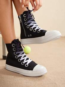 CUCCOO EASI 女士加大码圆头厚底休闲运动鞋，橙色 PU 渐变鞋带系带高帮拉链踝靴，秋冬 - 黑色 - 查看 1