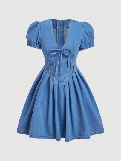 SHEIN MOD Women's V-Neck Bow Decor Waist Cinched Denim Casual Dress, Summer