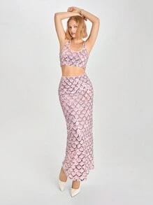 SHEIN EZwear 2 pezzi/Set Top e gonna con paillettes da donna, outfit estivo di moda