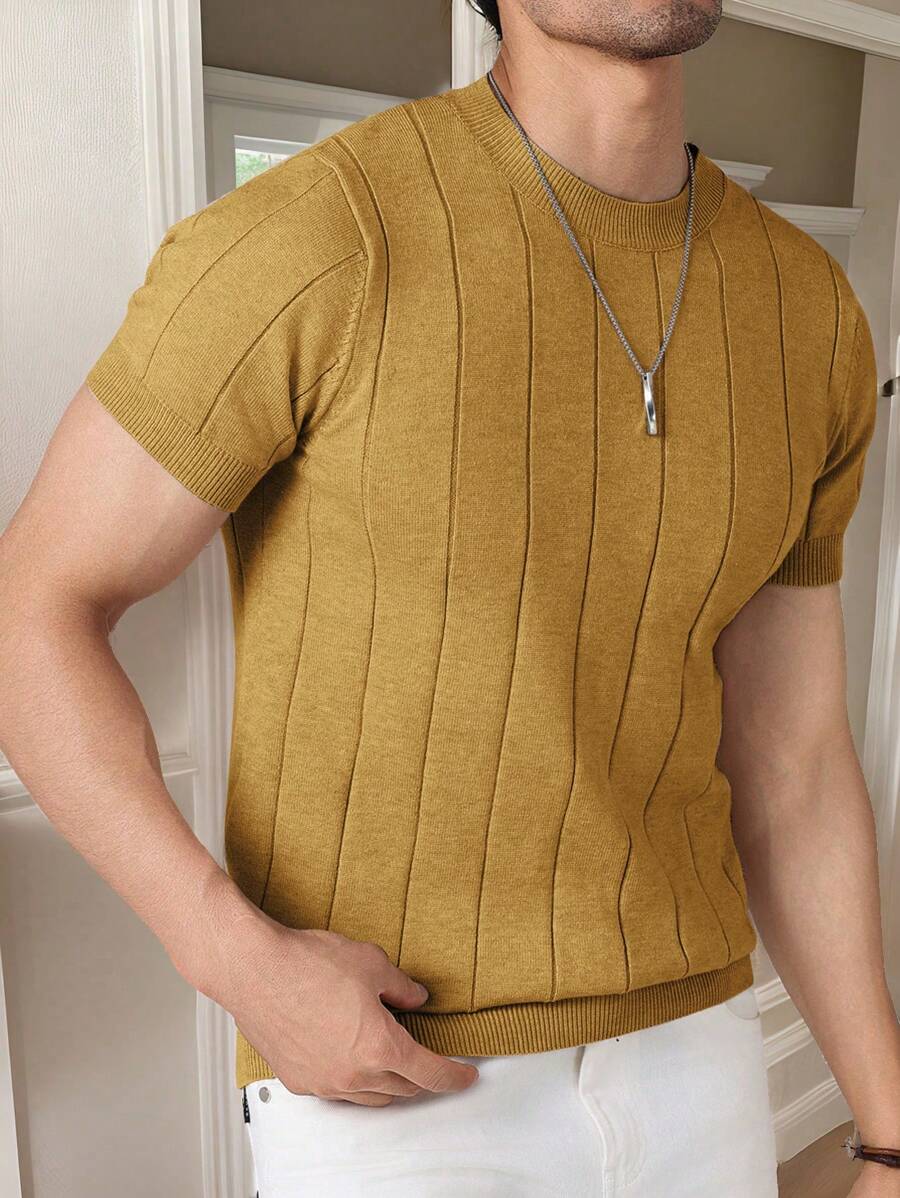 Manfinity Homme Áo thun dệt kim cổ tròn tay ngắn màu trơn thường ngày cho nam - gừng - Xem 1