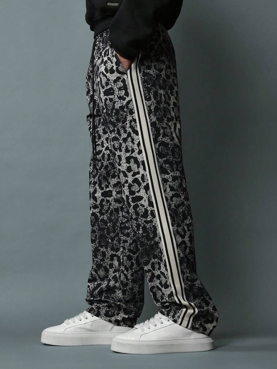SUMWON Leopard Print Track Pants With Side Stripes Distressed Pattern Drawstring Straight Fit Streetwear Fall Winter Fashion Statement Casual Pants - Multicolor - View 1