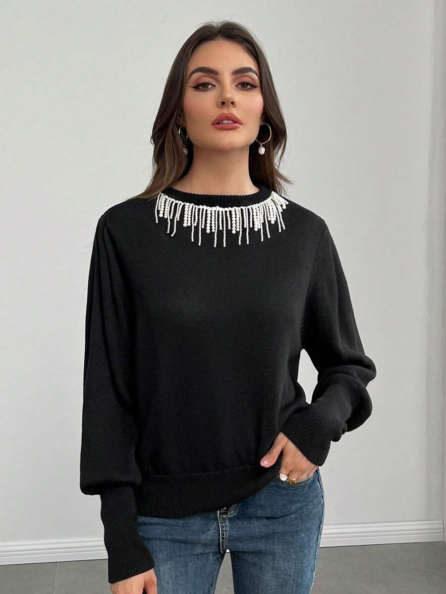 SHEIN Privé Women's Round Neck Long Sleeve Decorative Minimalist Sweater, Casual Daily Wear - Black - View 1