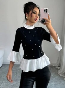 Elenzga Women's Autumn Knit Stretchy Velour Ruffle 3/4 Sleeve Rhinestone Embellished Round Neck Casual Elegant Sweet T-Shirt Graphic Tees Women Tops