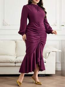 Modelyn Plus Size Elegant Party Solid Color Lantern Sleeve Ruched Fishtail Dress - Purple - View 3