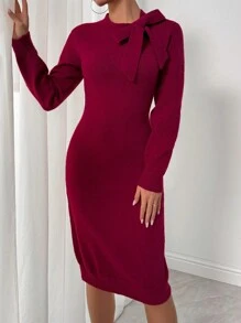 Zolique Gaun Sweater Wanita Kasual Warna Polos dengan Kerah Ikat, Cocok untuk Musim Gugur/Musim Dingin, Pakaian Tahun Baru, Pakaian Musim Gugur untuk Wanita - Merah - View 6