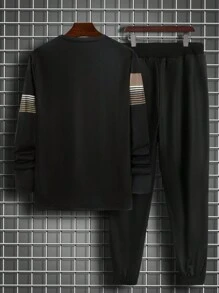 Manfinity Homme Men's Contrast Stripe Long Sleeve T-Shirt & Pants Set - Black - View 2