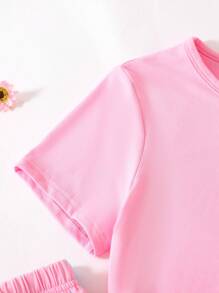 SHEIN 4 件套青少年女孩休闲花卉心形图案长裤和纯色短袖上衣睡衣套装假日旅行休闲夏装