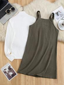 1set/2pcs Women's Military Green Dress With White Vertical Striped Long Sleeve Undershirt, Mommy & Me Set (2 Sets Sold Separately) Fall Cloth For Women - Green - View 2