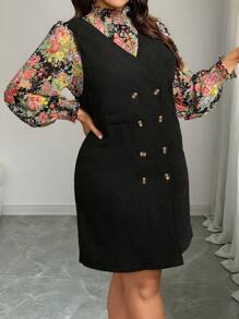 SHEIN Clasi Vestido de manga larga con cuello alto con contraste tejido-tejido y floral para mujer de talla grande, adecuado para Navidad, Halloween, Año Nuevo, Año Nuevo Chino, otoño/invierno
