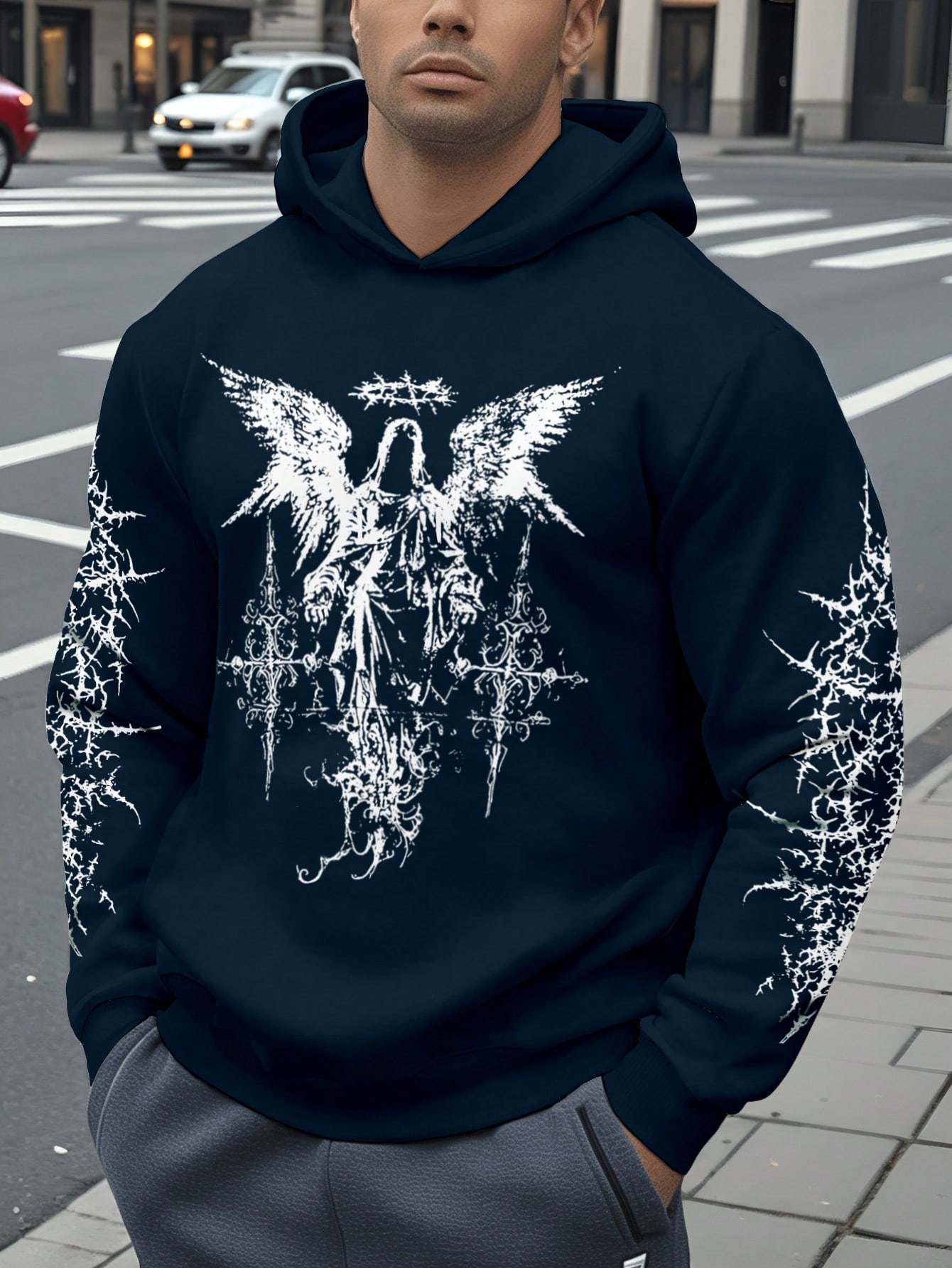 Manfinity Dauomo Men's Casual Vintage Print Thermal Lined Hoodie, Autumn/Winter