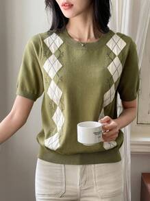 DAZY Women Cardigan Sweater Set, Short Sleeve,Fall Clothes - Olive Green - View 2