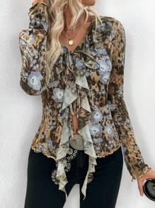 INAWLY Women Sexy Floral & Leopard Print Ruffle Trim Tie Front Long Sleeve Blouse Fall Cloth For Women - Multicolor - View 4