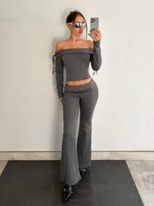EgrlEra 女士露肩抽绳长袖露肩上衣和低腰裤套装，Y2K 两件套西装，秋季 Y2K 服装 - 深灰色 - 查看 1